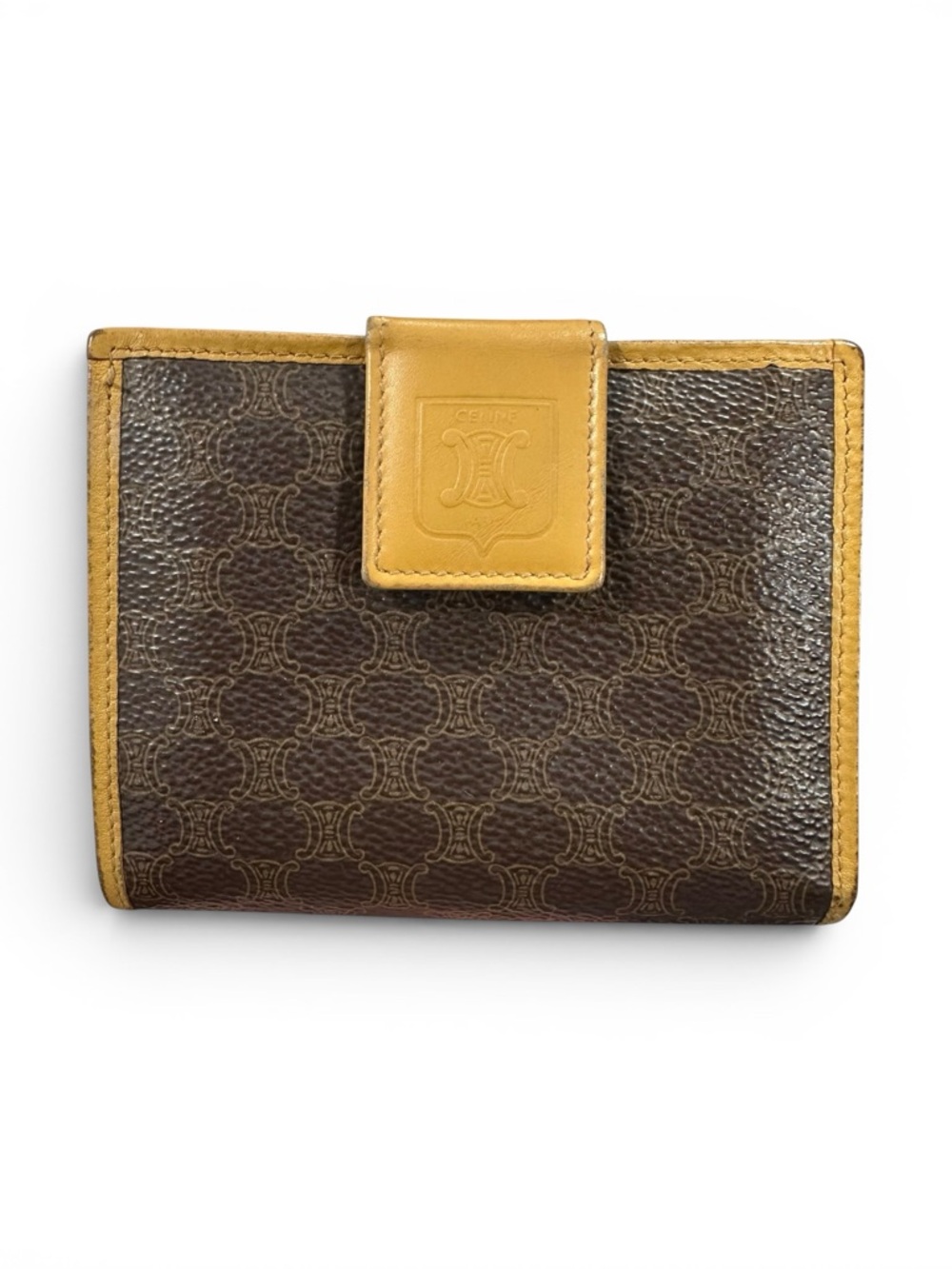 Celine Brown Macadam & Mustard Yellow Leather Compact Kisslock Bifold Wallet - Picture 1 of 14